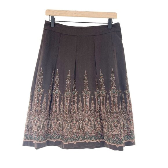 Ann Taylor Loft Petites 6P Brown Embroidered Lined Flare Skirt Western Boho a - Picture 1 of 12